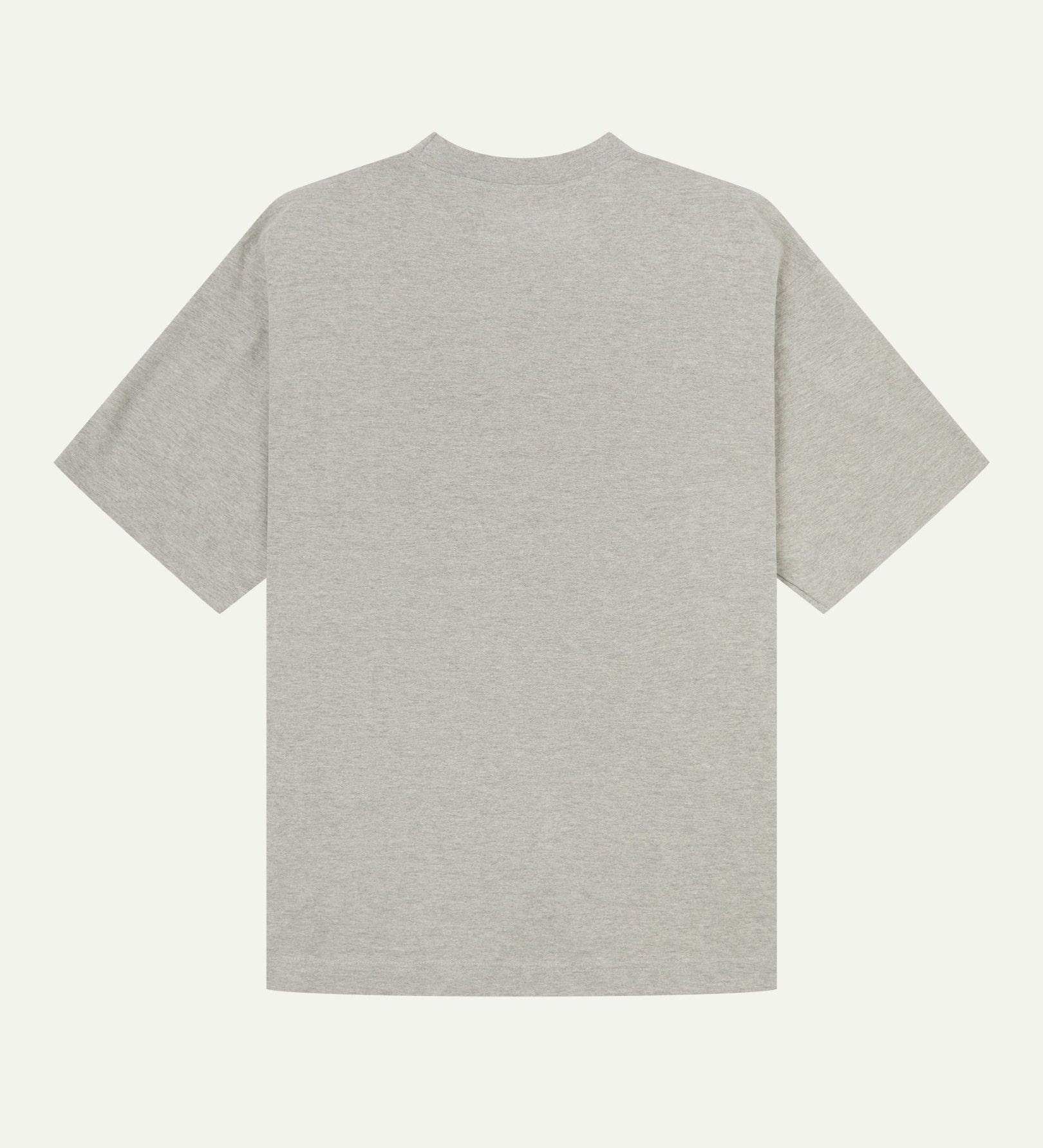 Back view of grey-marl organic cotton Uskees short-sleeved T-shirt, showing the looser, oversized silhouette.