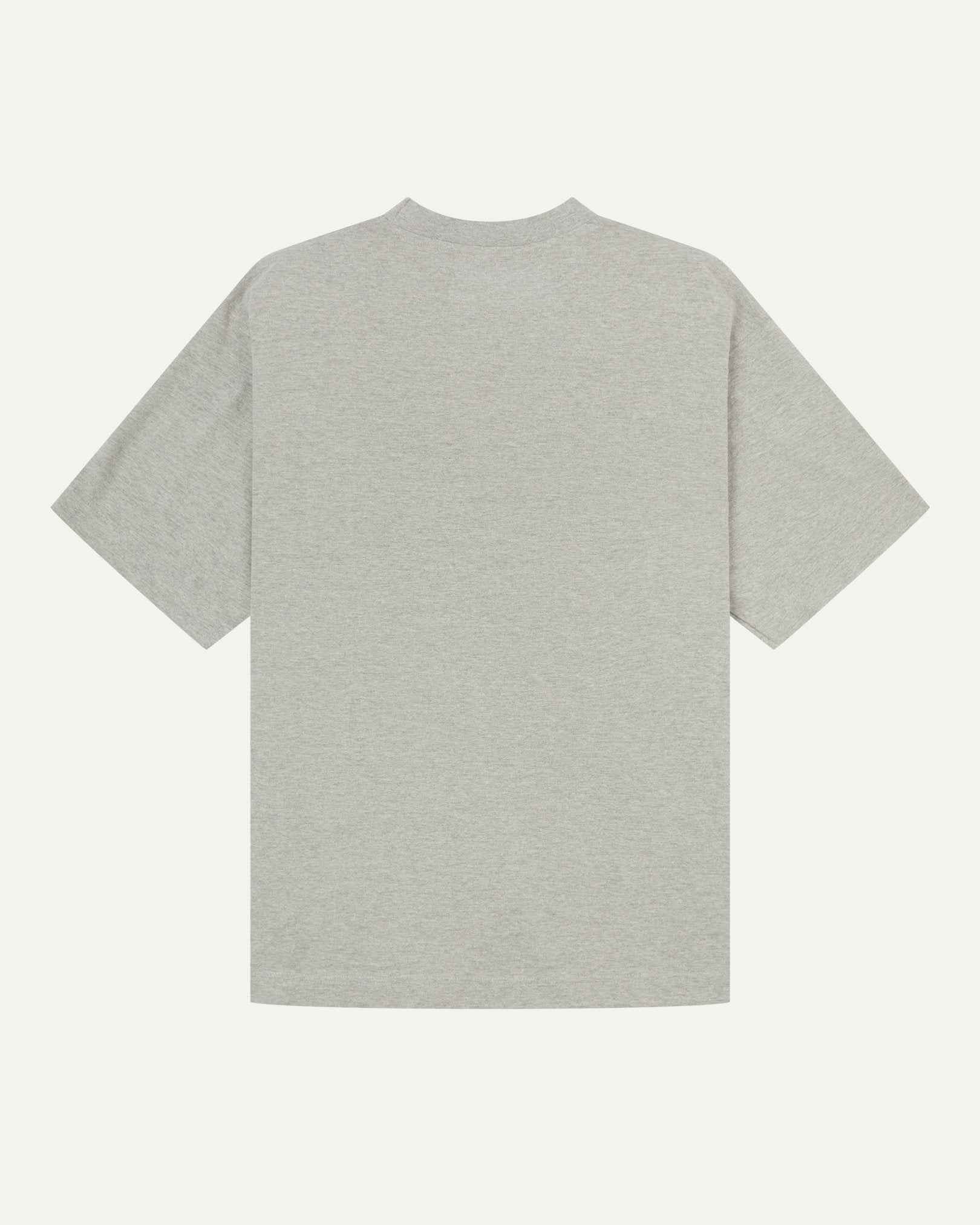 Back view of grey-marl organic cotton Uskees short-sleeved T-shirt, showing the looser, oversized silhouette.