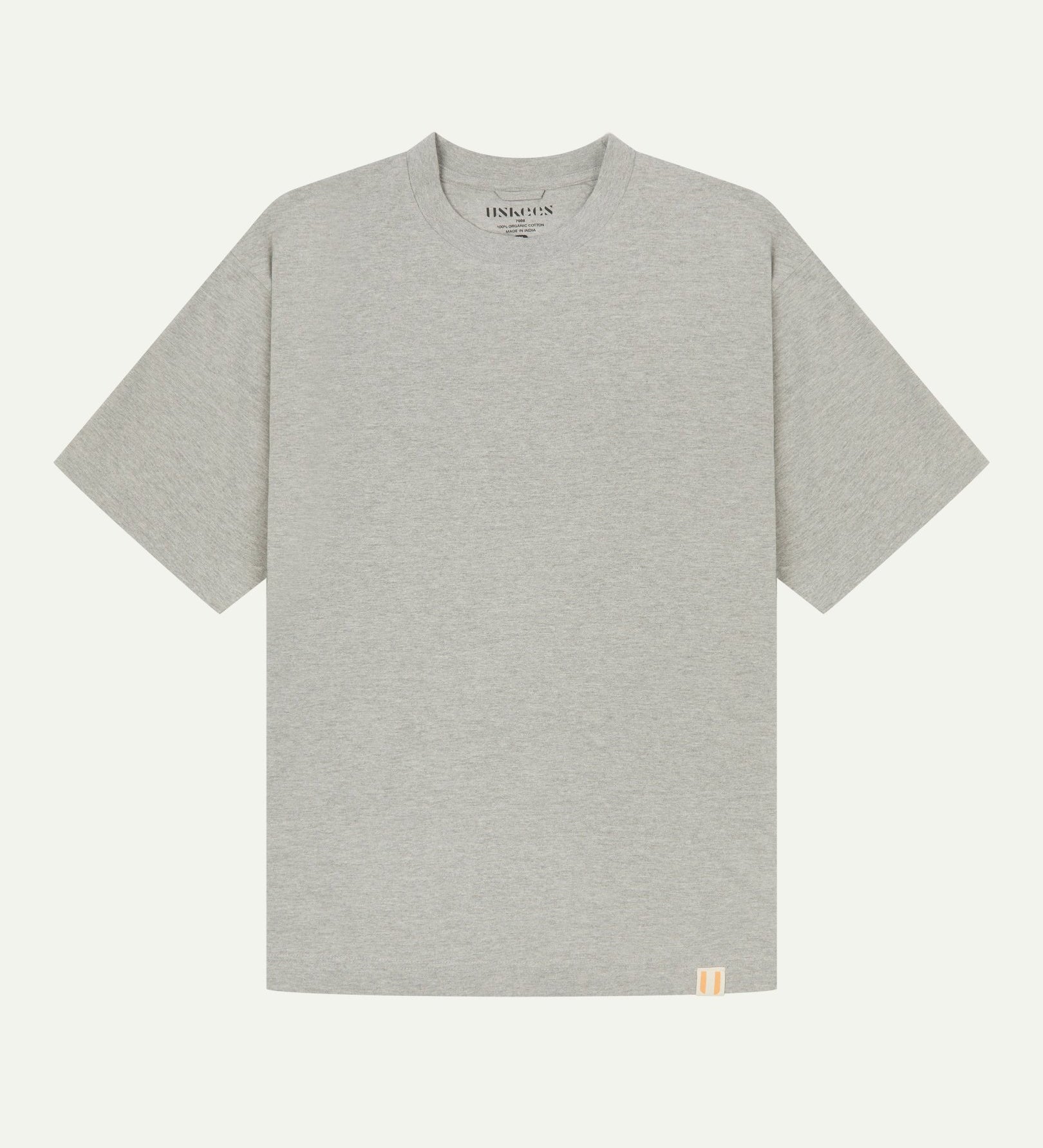 Full flat view of grey-marl organic cotton Uskees T-shirt for men, showing the looser, oversized silhouette.