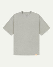 Full flat view of grey-marl organic cotton Uskees T-shirt for men, showing the looser, oversized silhouette.