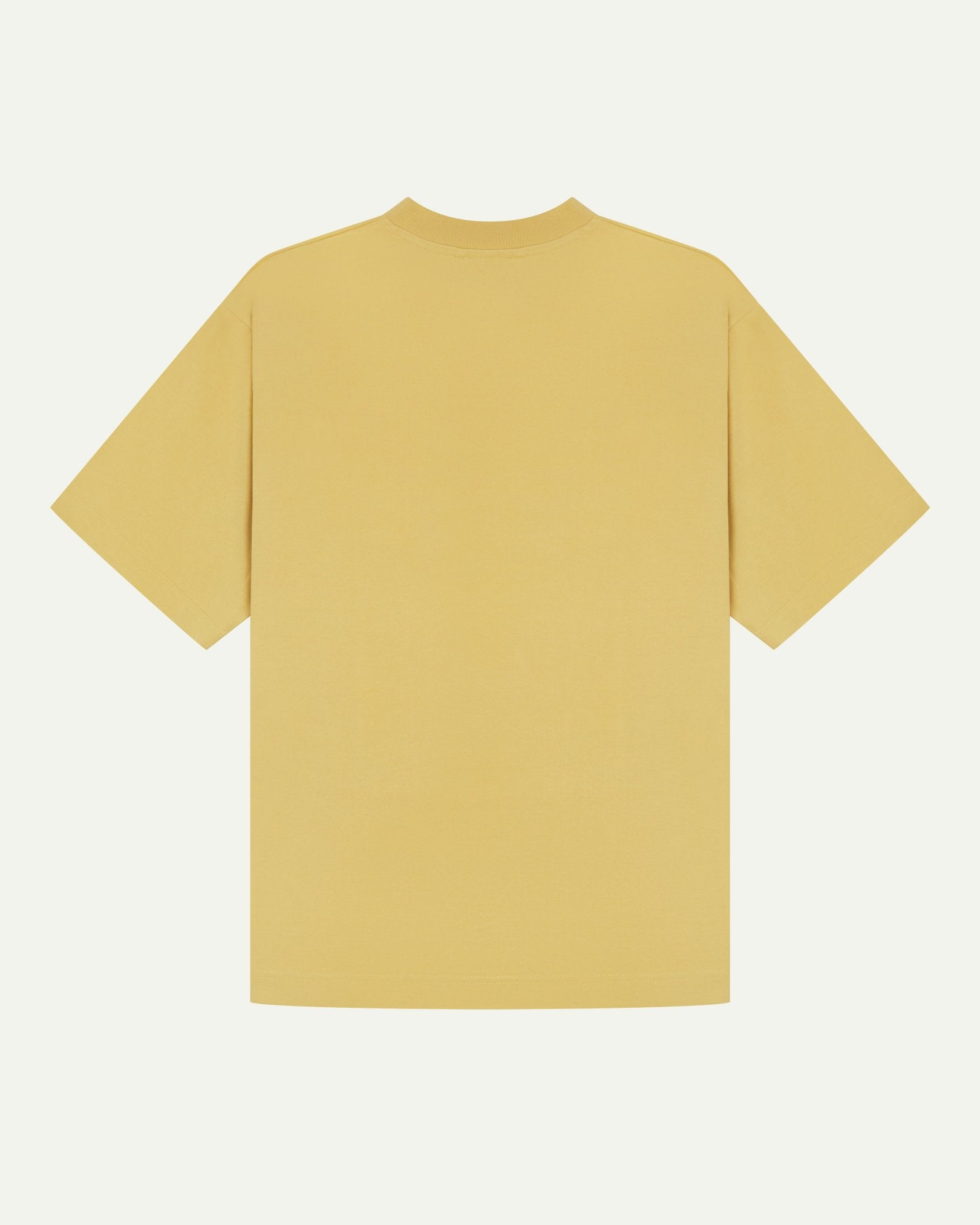 Back view of sandstone-yellow organic cotton Uskees short-sleeved T-shirt, showing the looser, oversized silhouette.