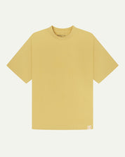 Full flat view of sandstone-yellow organic cotton Uskees T-shirt for men, showing the looser, oversized silhouette.