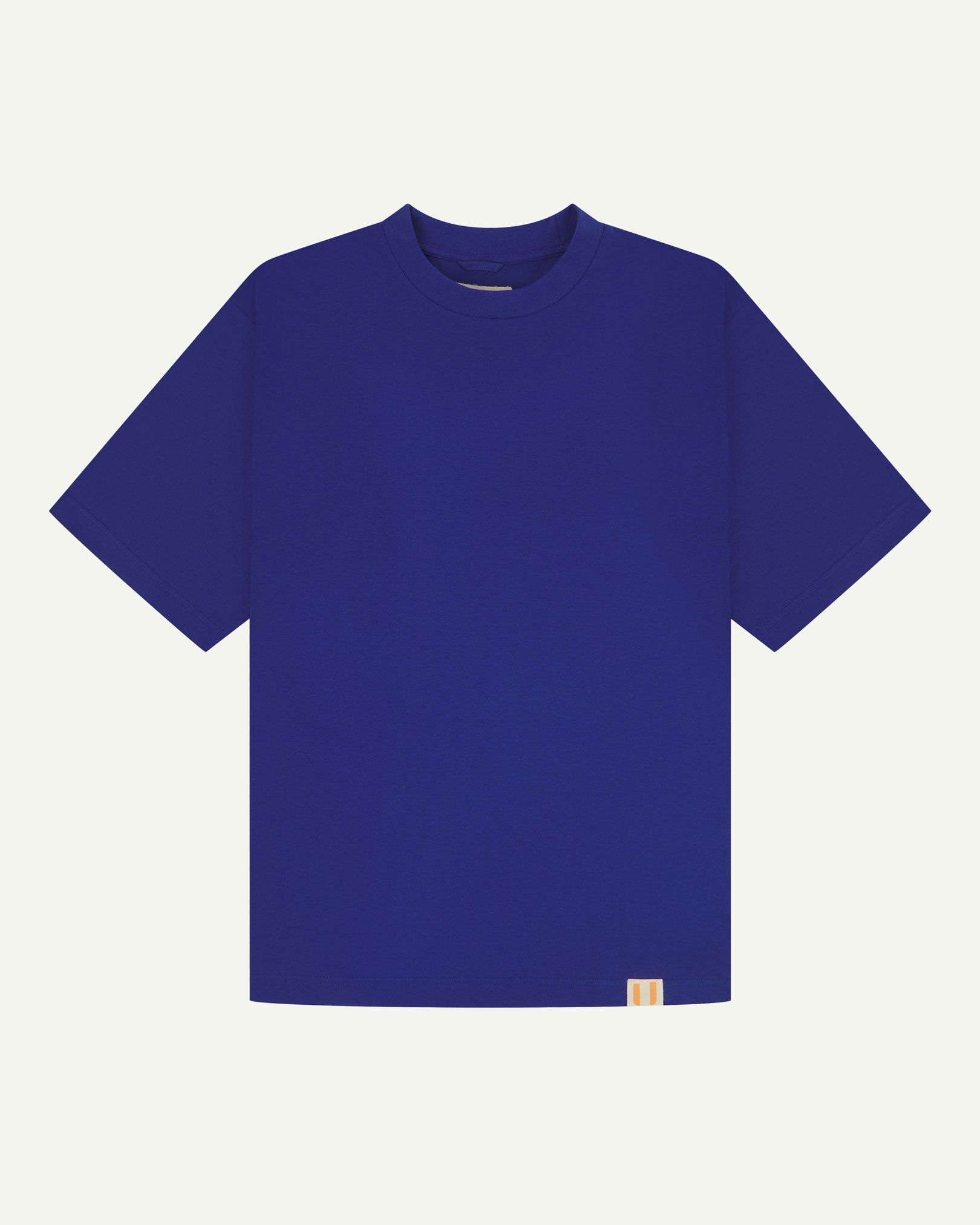 Full flat view of ultra blue, organic cotton, oversized T-shirt from Uskees.