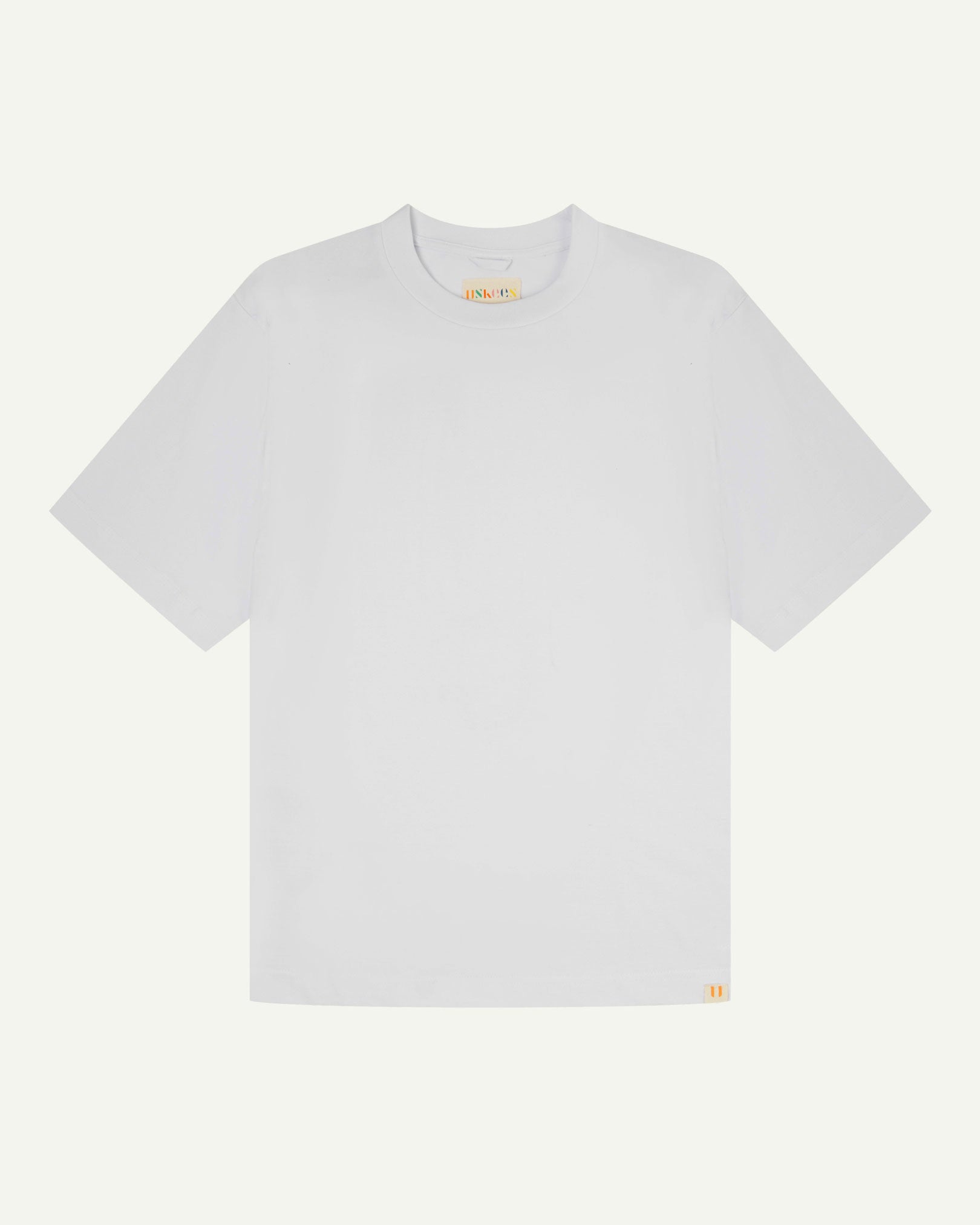 Full flat view of white, organic cotton, oversized T-shirt from Uskees.