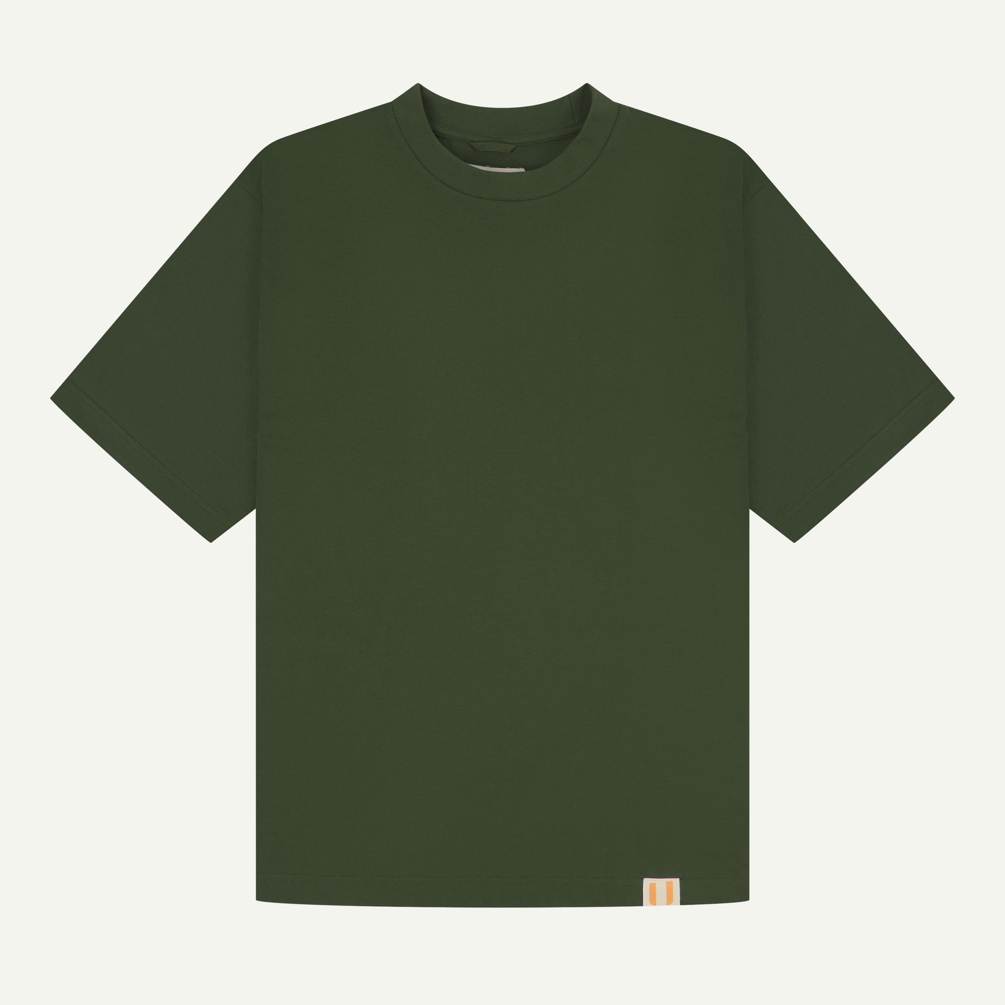 Front flat view of mid-green oversized  organic cotton Tee by Uskees showing the brand logo.