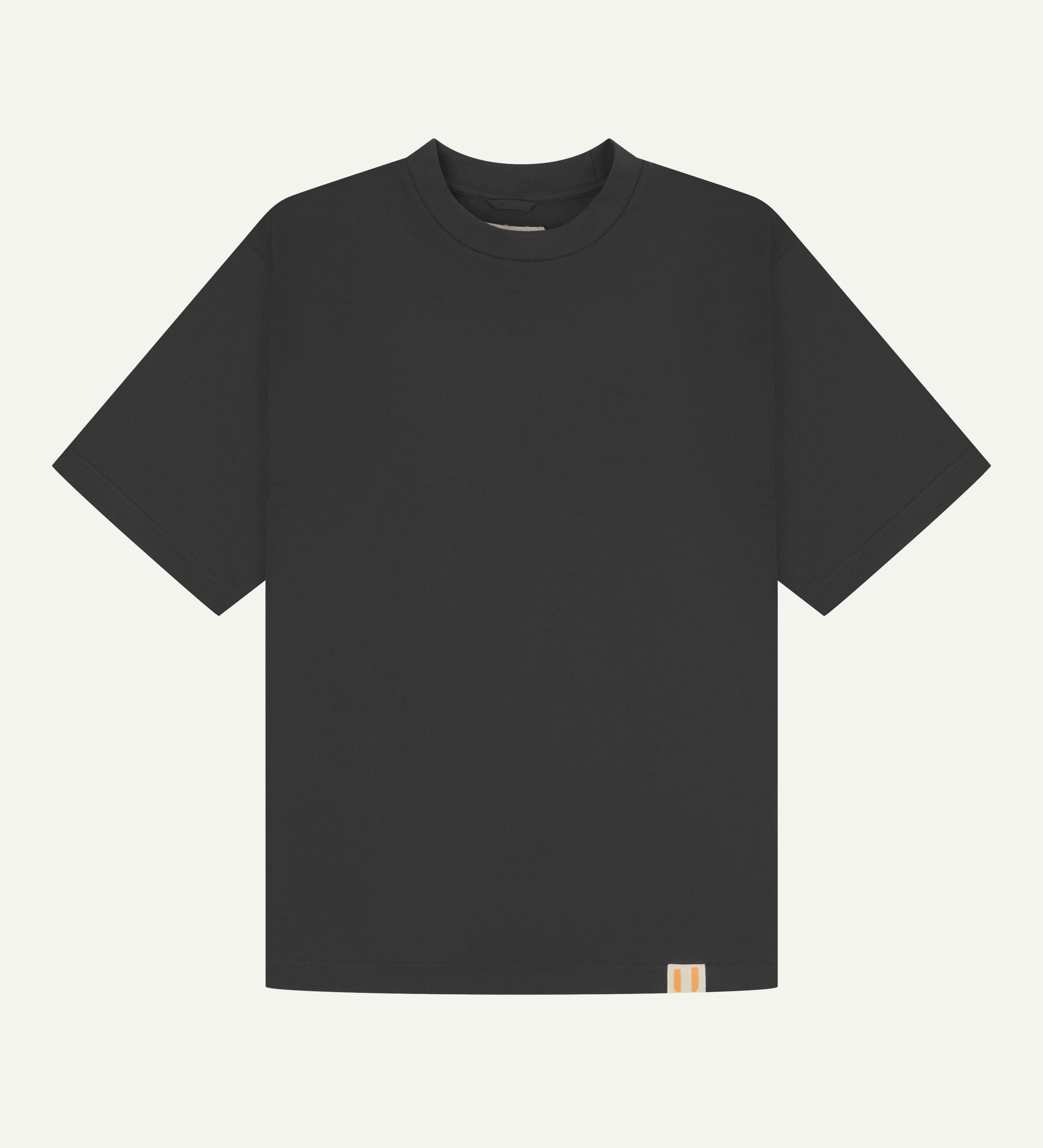 Front flat view of dark grey oversized  organic cotton T-shirt by Uskees showing the brand logo.