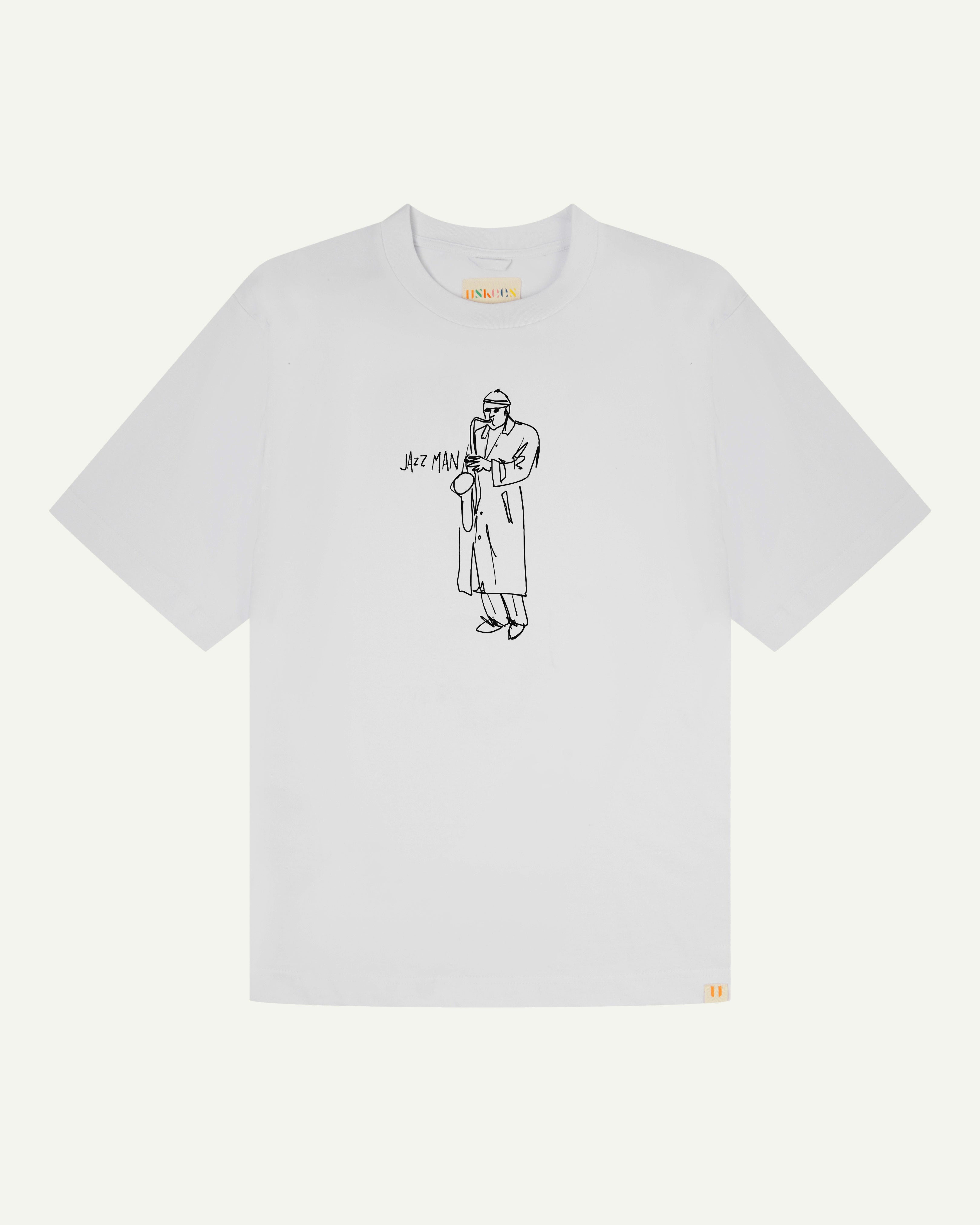 front flat shot of the uskees oversized graphic T-shirt for men in white showing the 'Jazz Man' line drawing in black