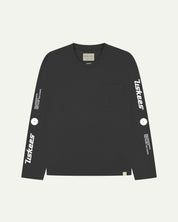 Front flat view of Uskees men's long-sleeve graphic t-shirt in black showing 'Uskees Power Tools' slogans and graphics on each arm and branding label on neck.