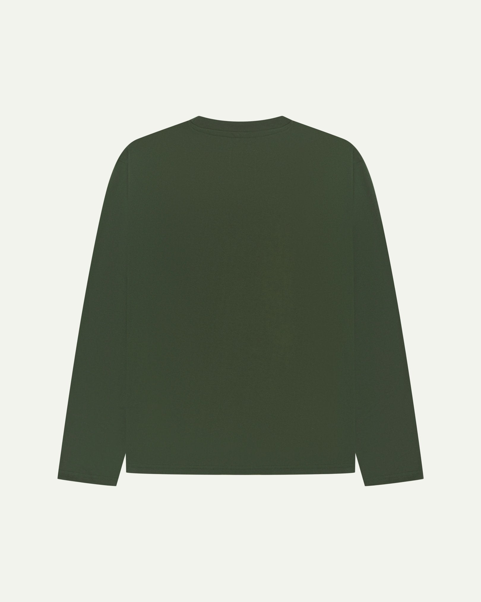 Back flat shot of Uskees long sleeve T-shirt for men in coriander-green organic cotton.