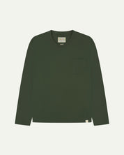 Full flat view of the Uskees coriander-green organic cotton long-sleeve T-shirt for men, showing the loose silhouette.