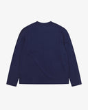 Back view of the Uskees dark indigo organic cotton jersey long-sleeved T-shirt.