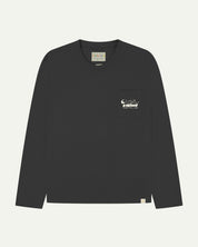 Full flat view of faded black organic cotton Uskees long-sleeve T-shirt for men, showing the small white 'diner' logo on the breast pocket and the Uskees branding labels on the neck and hem.