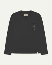 Full flat view of faded black organic cotton Uskees long-sleeve T-shirt for men, showing the small white 'Jazz Man' logo on the breast pocket and the Uskees branding labels on the neck and hem.