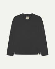 Full flat view of the Uskees faded black organic cotton long-sleeve T-shirt for men, showing the loose silhouette.