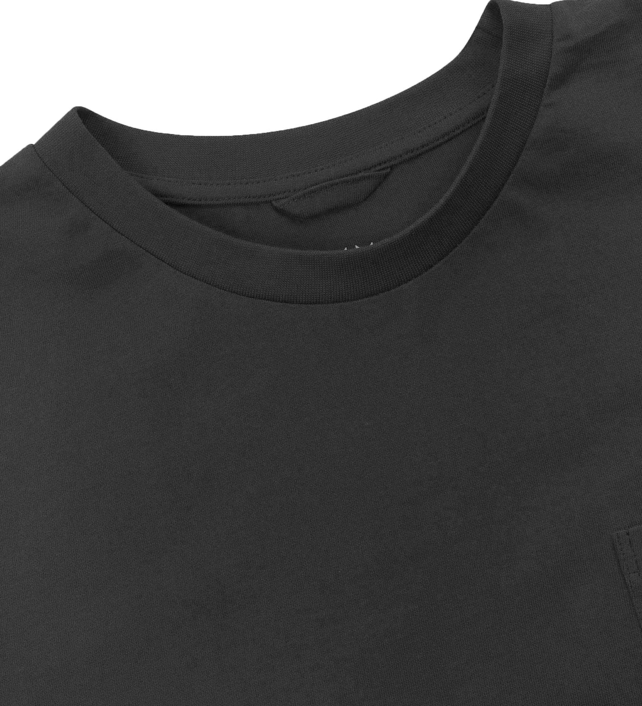 Neckline close-up of Uskees faded black organic cotton long-sleeve T-shirt showing hanging loop.