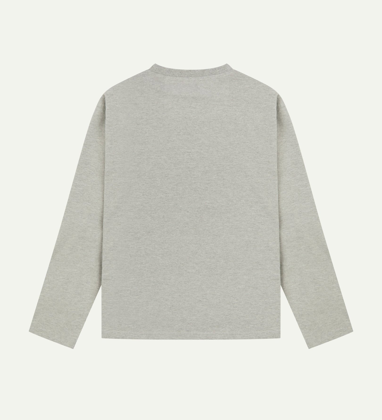 Back view of grey marl organic cotton Uskees long-sleeved T-shirt.