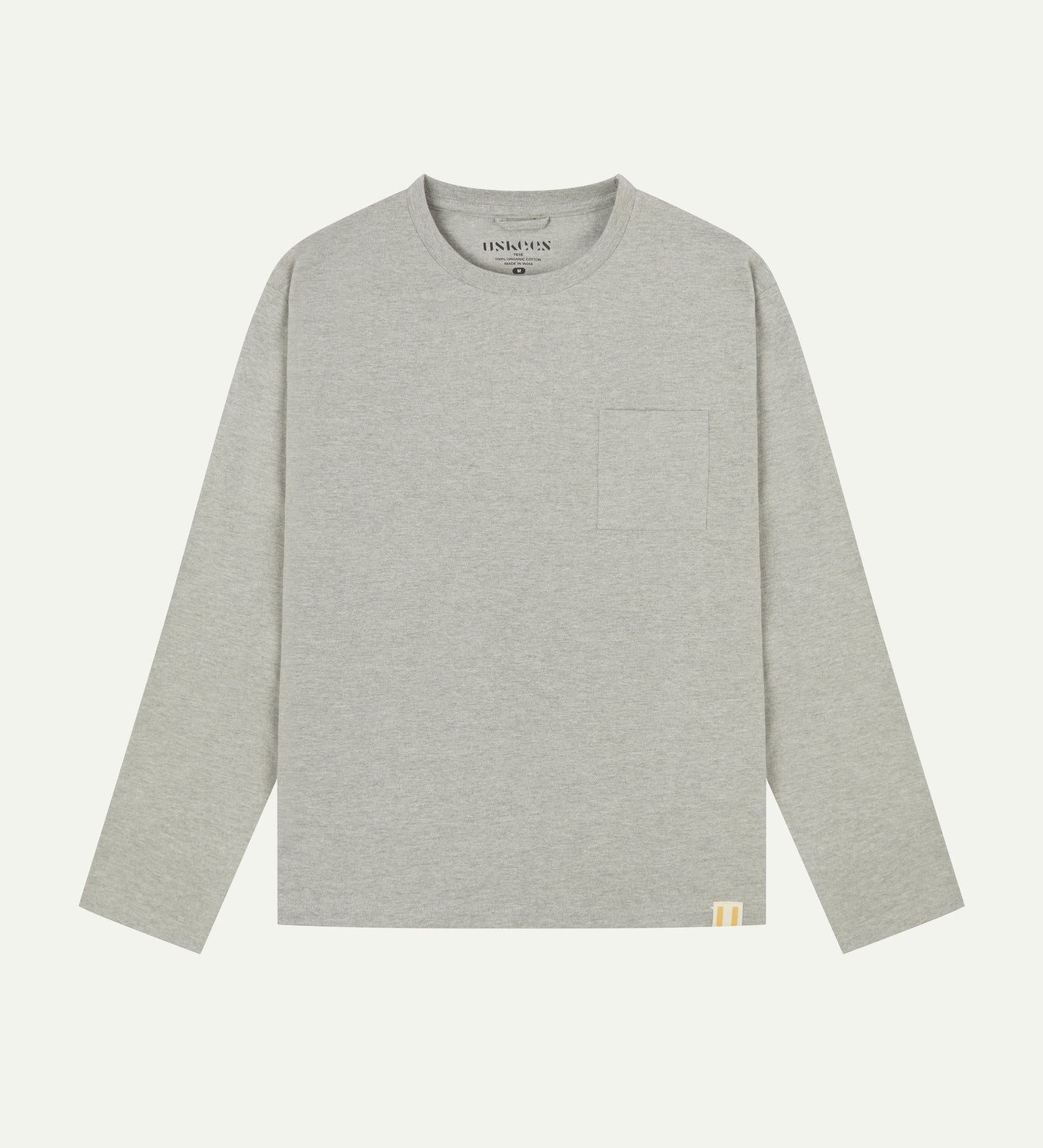 Full flat view of the Uskees grey marl organic cotton long-sleeve T-shirt for men, showing the loose silhouette.