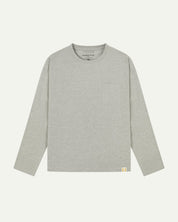 Full flat view of the Uskees grey marl organic cotton long-sleeve T-shirt for men, showing the loose silhouette.