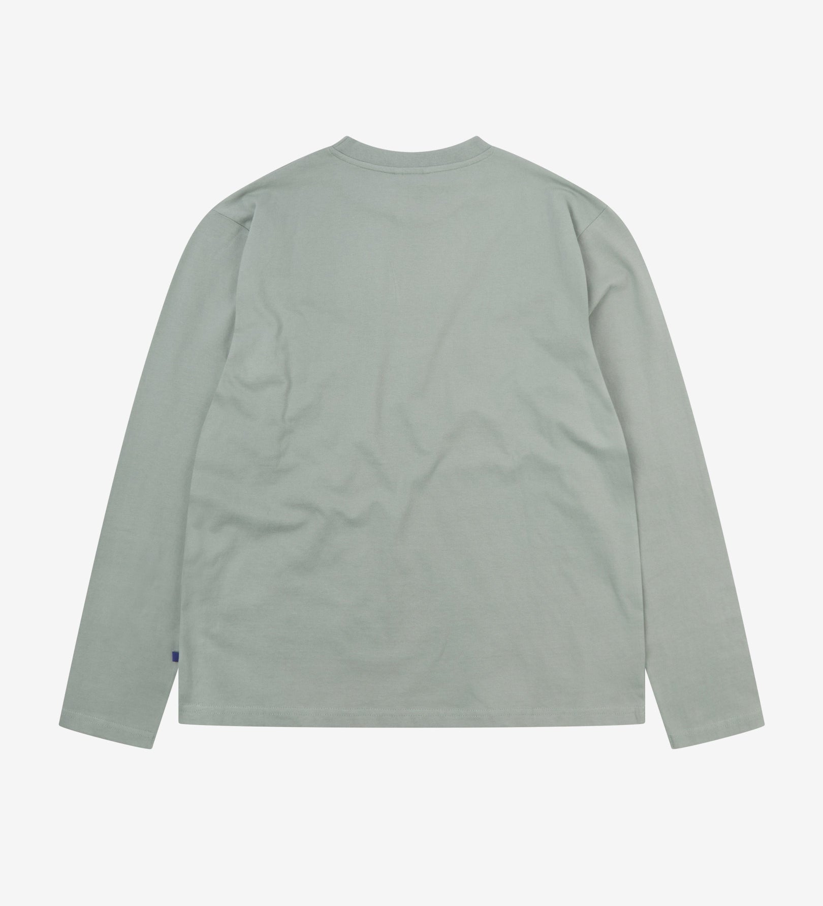 Back view of grey-green 'steel' coloured organic cotton Uskees long-sleeved T-shirt.