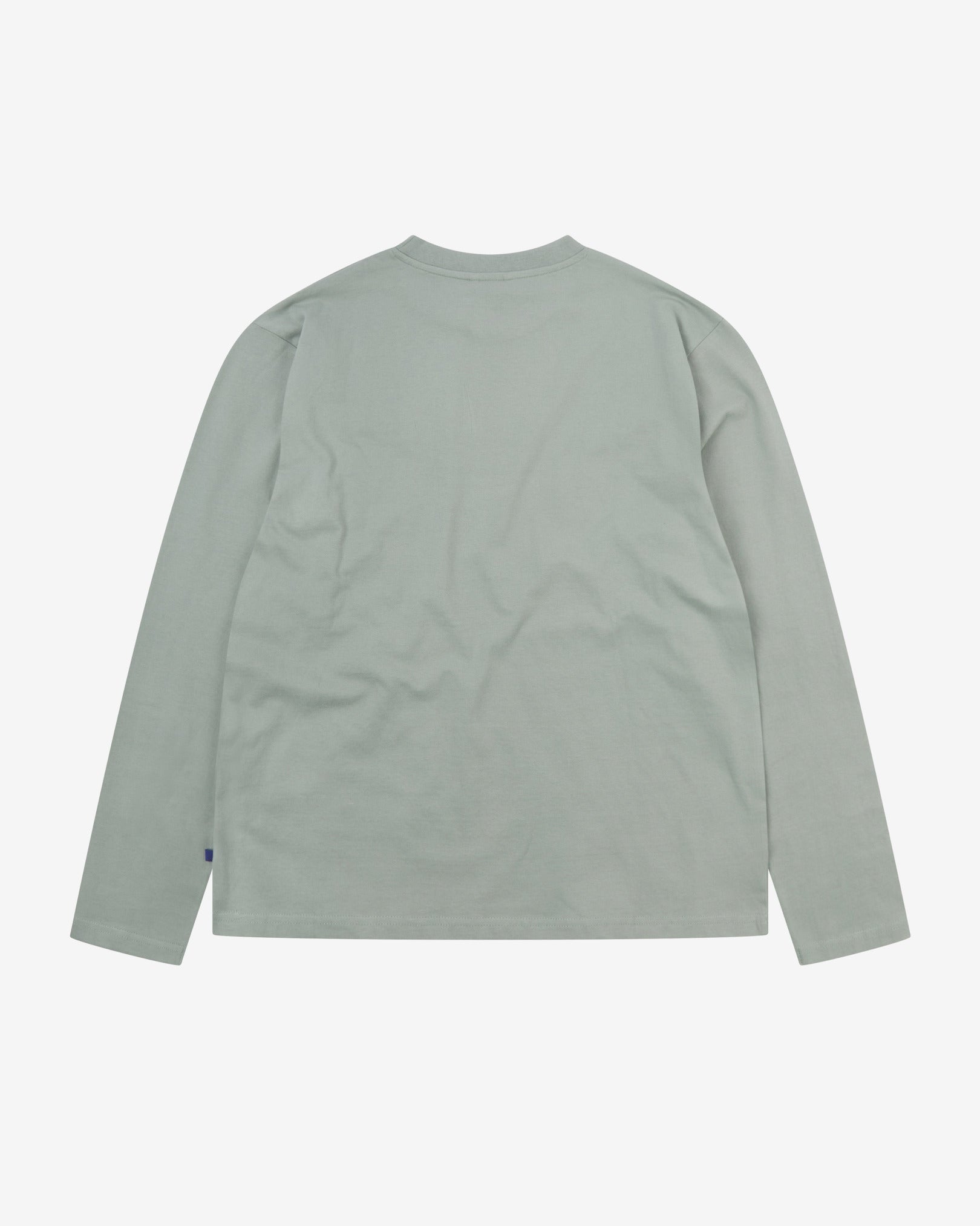 Back view of grey-green 'steel' coloured organic cotton Uskees long-sleeved T-shirt.