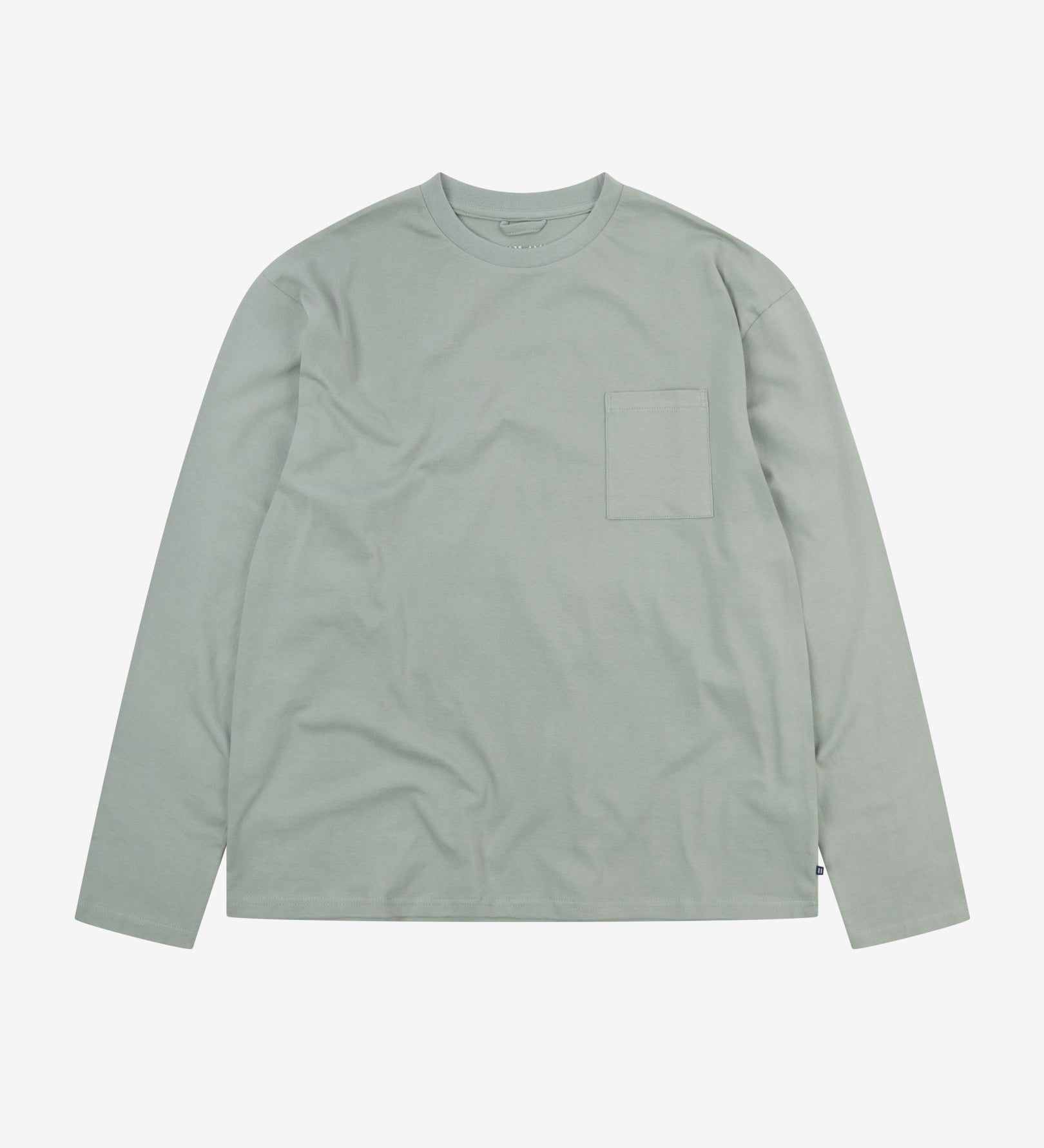 Full flat view of the Uskees grey-green 'steel' coloured organic cotton long-sleeve T-shirt for men, showing the loose silhouette.