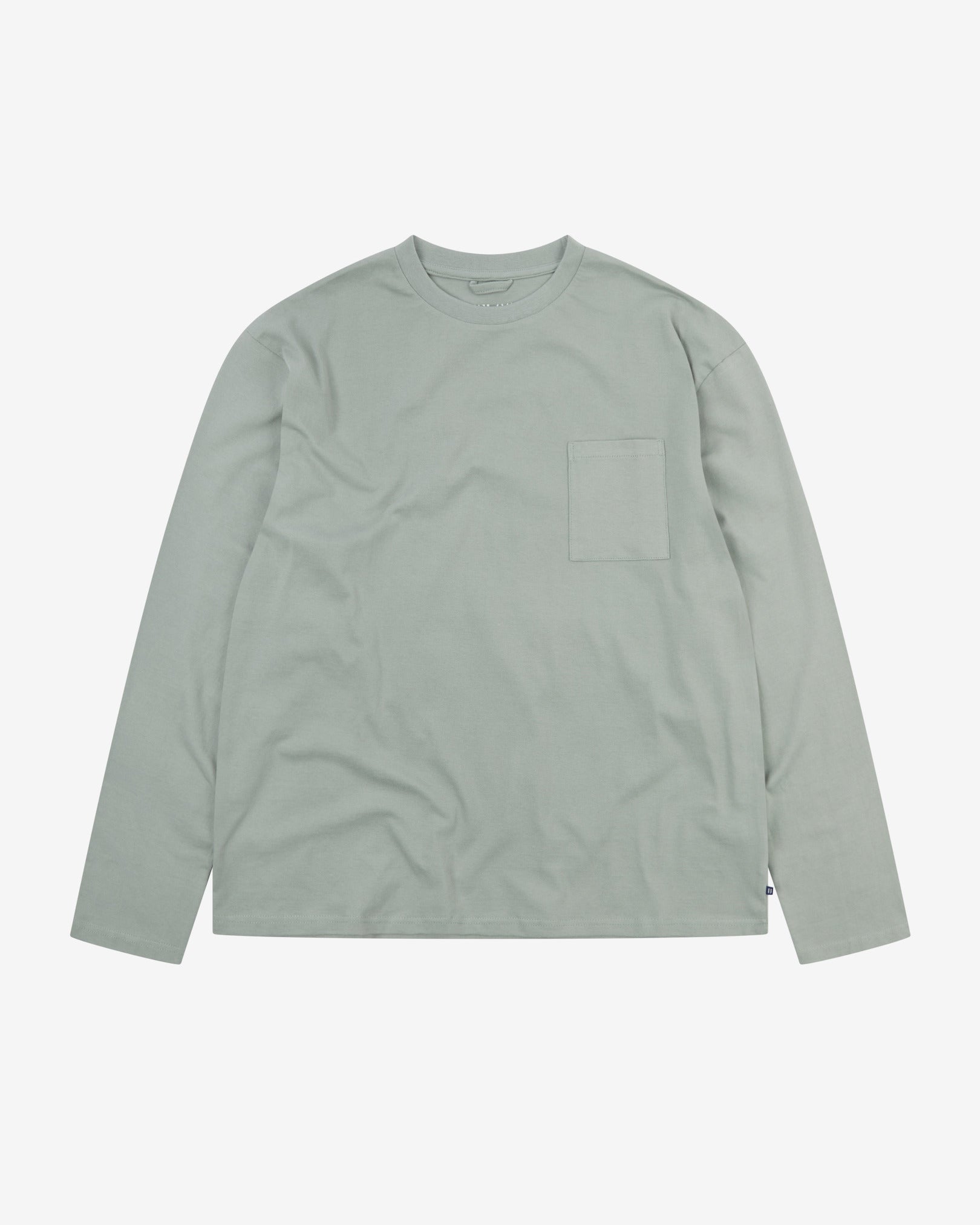 Full flat view of the Uskees grey-green 'steel' coloured organic cotton long-sleeve T-shirt for men, showing the loose silhouette.