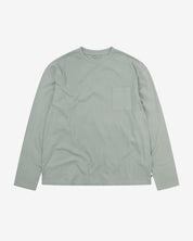 Full flat view of the Uskees grey-green 'steel' coloured organic cotton long-sleeve T-shirt for men, showing the loose silhouette.