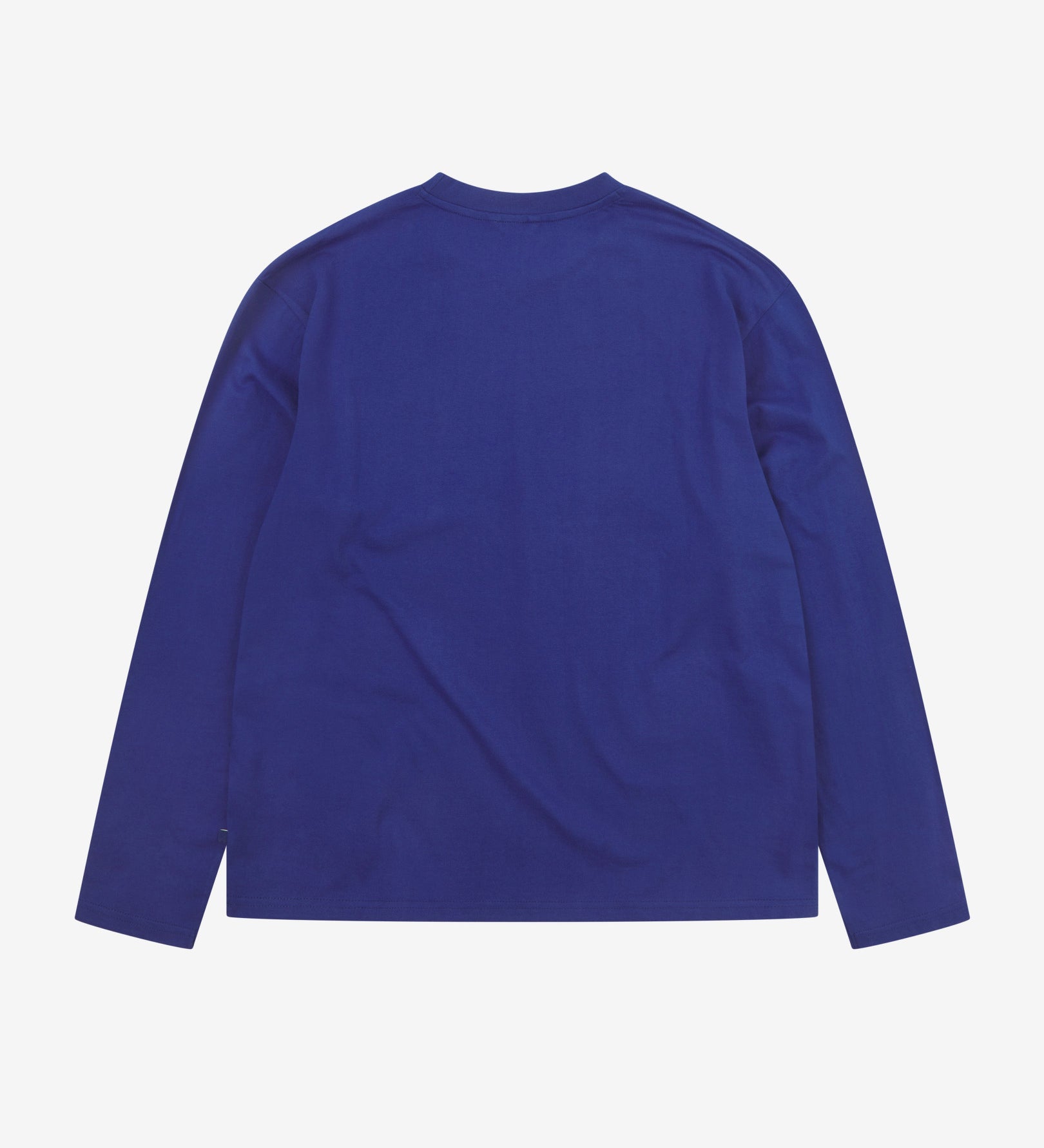 Back view of ultra blue organic cotton Uskees long-sleeved T-shirt.