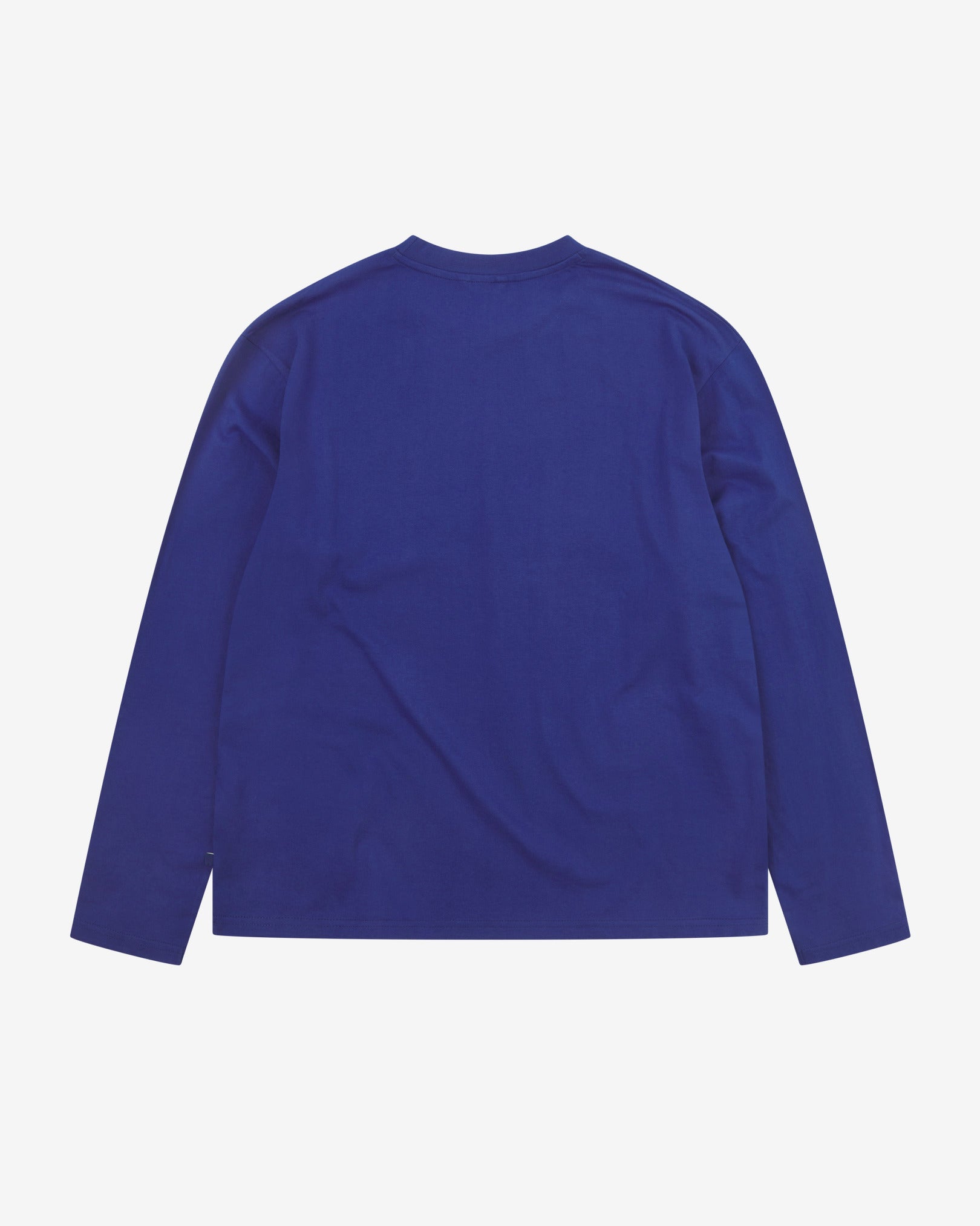 Back view of ultra blue organic cotton Uskees long-sleeved T-shirt.