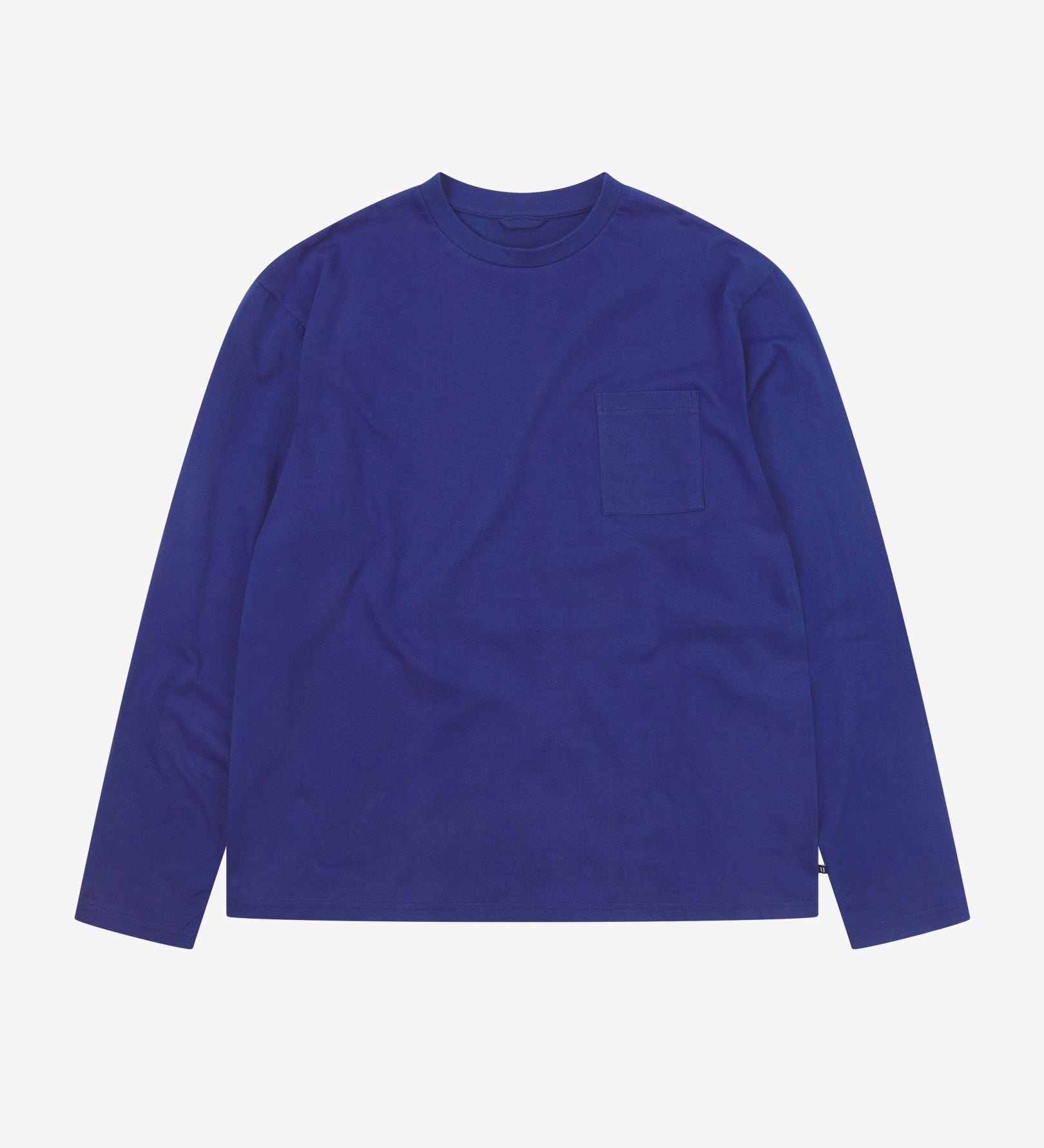 Full flat view of the Uskees ultra blue organic cotton long-sleeve T-shirt for men, showing the loose silhouette.