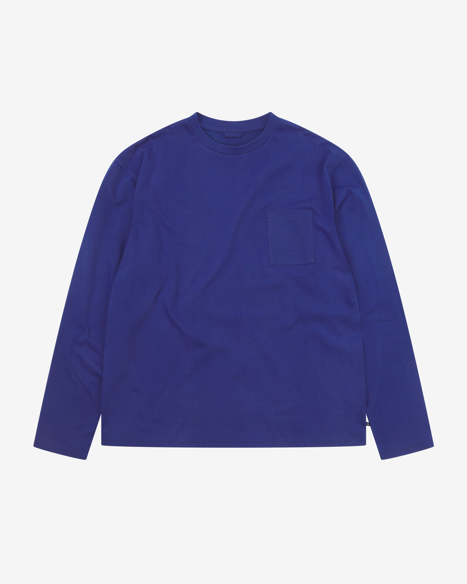 Full flat view of the Uskees ultra blue organic cotton long-sleeve T-shirt for men, showing the loose silhouette.