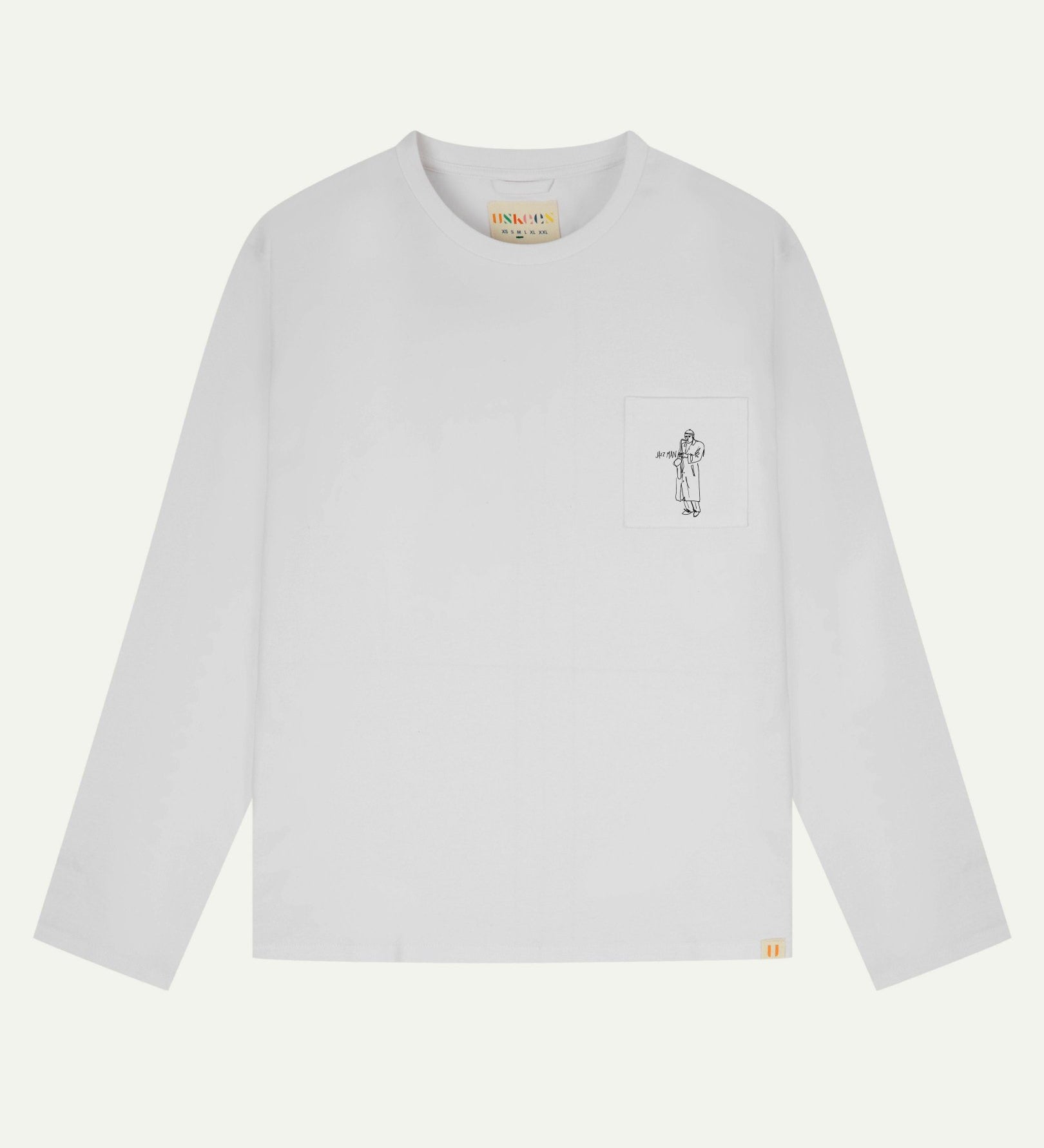 Full flat view of white organic cotton Uskees long-sleeve T-shirt for men, showing the small black 'Jazz Man' logo on the breast pocket and the Uskees branding labels on the neck and hem.