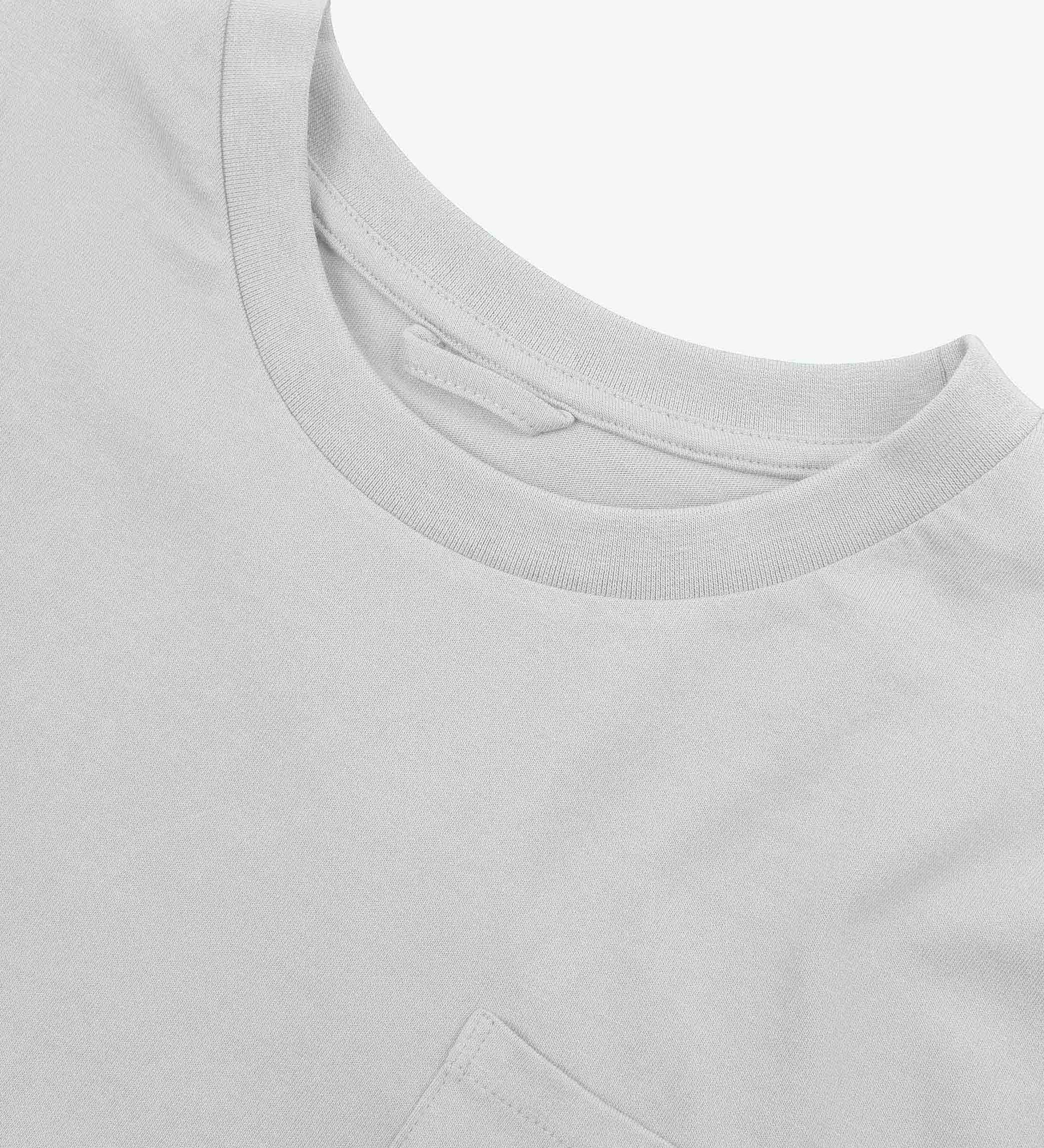 Neckline close-up of Uskees white organic cotton long-sleeve T-shirt showing hanging loop and pocket.