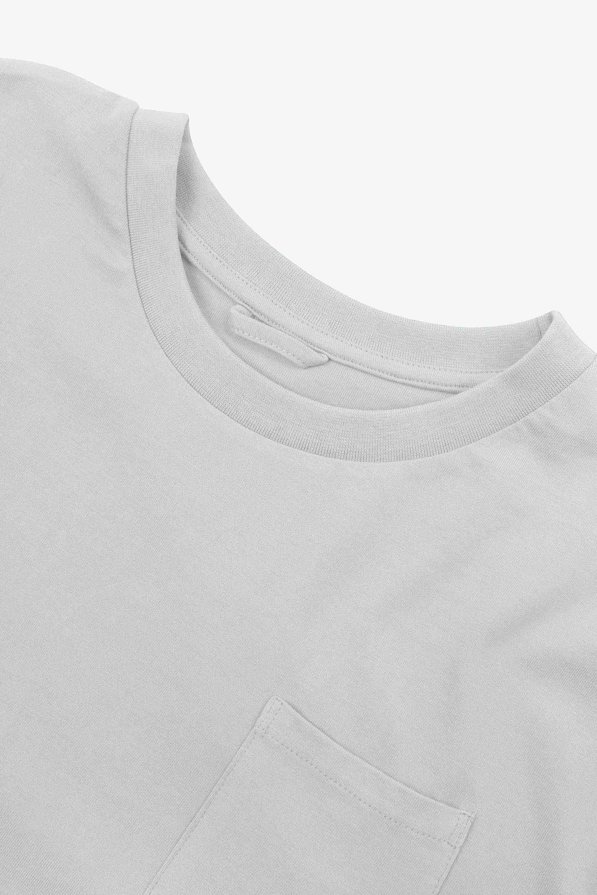 Neckline close-up of Uskees white organic cotton long-sleeve T-shirt showing hanging loop and pocket.