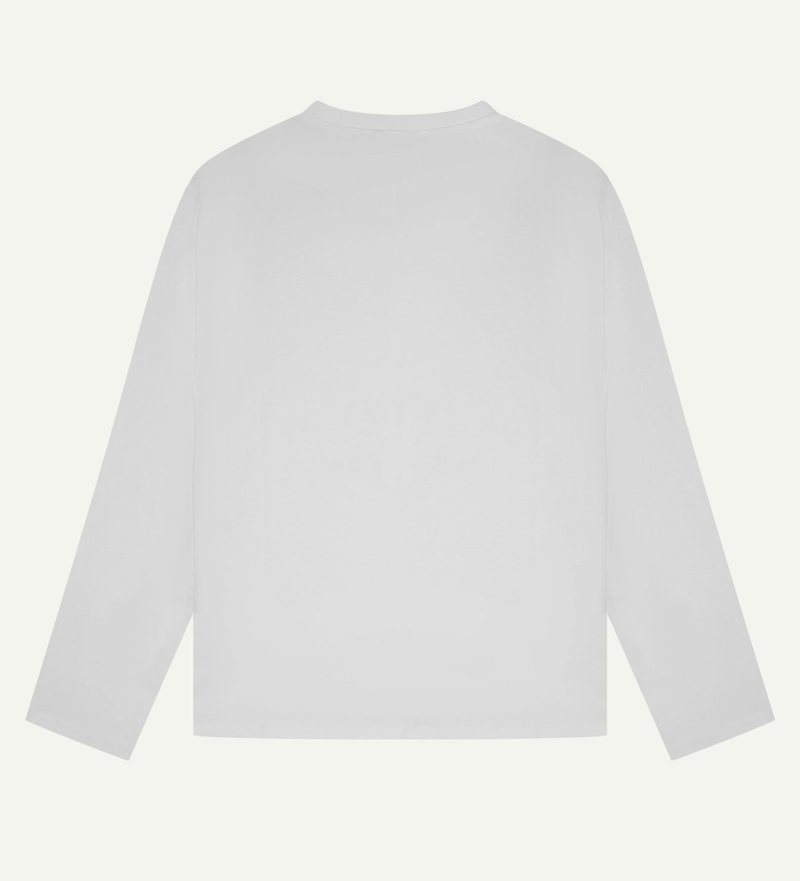 Back view of white organic cotton Uskees long-sleeved T-shirt.