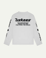 Reverse view of Uskees men's long-sleeve graphic t-shirt in white showing large 'Uskees Power Tools' motif on back.