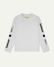 Front flat view of Uskees men's long-sleeve graphic t-shirt in white showing 'Uskees Power Tools' slogans and graphics on each arm and branding label on neck.