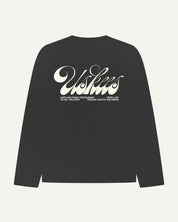 Back view flat shot of the uskees long sleeve graphic T-shirt for men in faded black showing the 'Diner' logo in cream