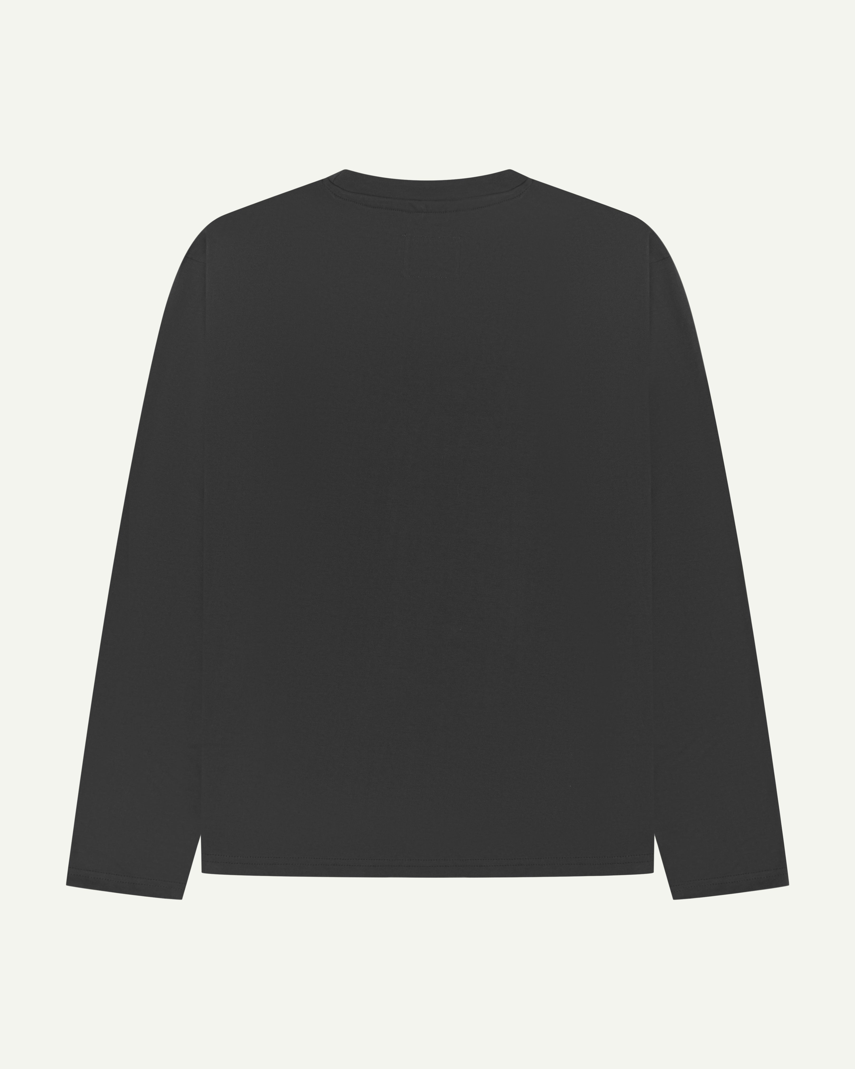 Back flat shot of long sleeve Uskees t-shirt in faded black made from soft organic cotton jersey