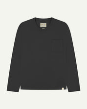 Front flat shot of long sleeve Uskees t-shirt in faded black showing breast pocket and discreet Uskees branding at hem