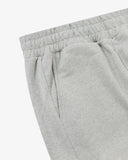 Close-up front view of gray marl sweatpants for men showing the elasticated waist and side pocket.