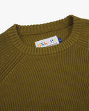 Front close up view  of Uskees Woodland Green sweater for men showing the crew neck and brand label.