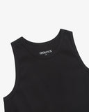 View of neck area of black cotton workout vest with focus on heavyweight ribs and Uskees branding stamp.