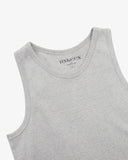 View of neck area of grey marl cotton workout vest with focus on heavyweight ribs and Uskees branding stamp.