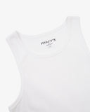 View of neck area of white cotton workout vest with focus on heavyweight ribs and Uskees branding stamp.