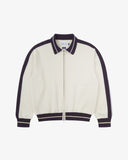 Front flat view of an Uskees cream bomber jacket with burgundy accents on a white background