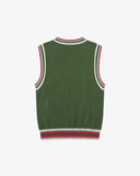 Back flat view of an Uskees men's green sleeveless sweater vest with colorful trim on a white background.