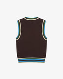 Back view of a brown sleeveless men's sweater with blue and on a light gray background with blue and cream edging on the neck, armholes and welt.