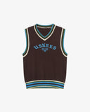 Front flat view of a  brown sleeveless sweater with 'USKEES' branding on the front in blue.