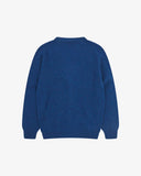 Back view of Uskees admiral blue lambswool Harris cardigan.